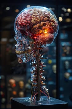 A glass transparent human skull with a brain inside.