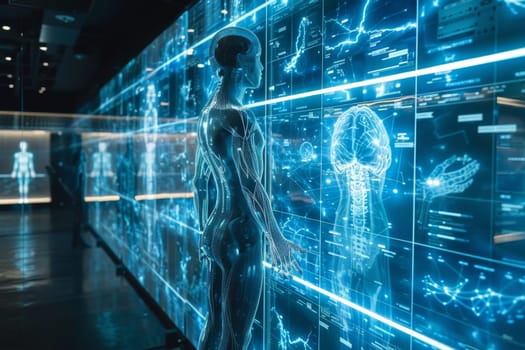 The skeletal structure of the Human body stands in front of a digital display, examining the contents on the screen