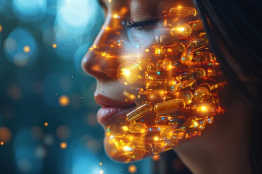 The woman's face is covered with various pills and capsules symbolizing medicines and health care.