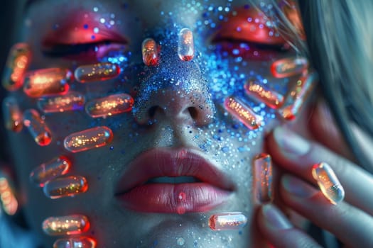 The woman's face is covered with various pills and capsules symbolizing medicines and health care.