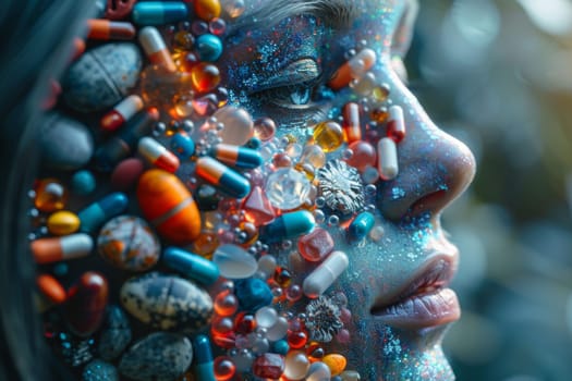 The woman's face is covered with various pills and capsules symbolizing medicines and health care.