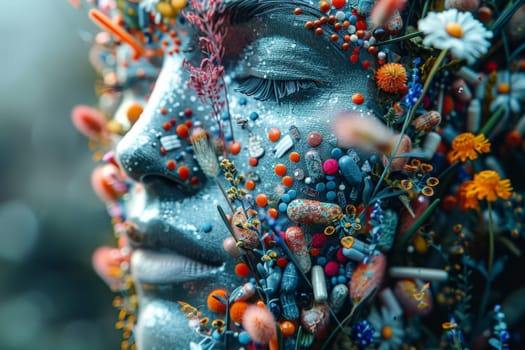 The woman's face is covered with various pills and capsules symbolizing medicines and health care.