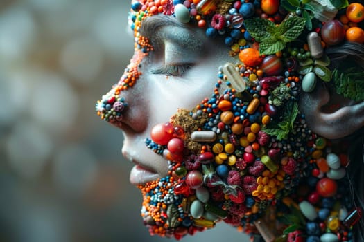 The woman's face is covered with various pills and capsules symbolizing medicines and health care.