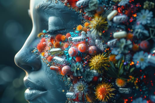 The woman's face is covered with various pills and capsules symbolizing medicines and health care.