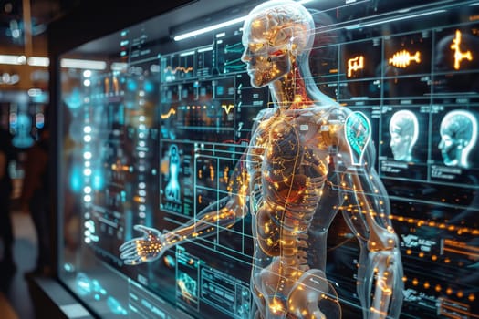 The skeletal structure of the Human body stands in front of a digital display, examining the contents on the screen