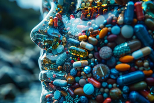 The woman's face is covered with various pills and capsules symbolizing medicines and health care.