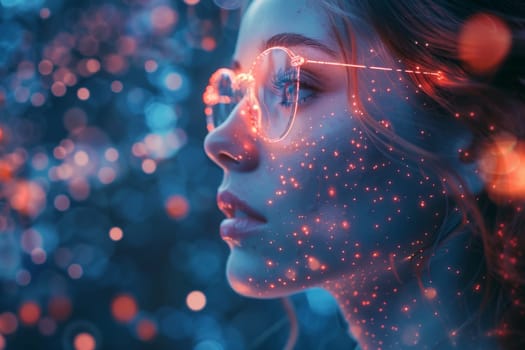 Close-up of a woman's face in women's glasses for work . Eye protection from blue light and rays.