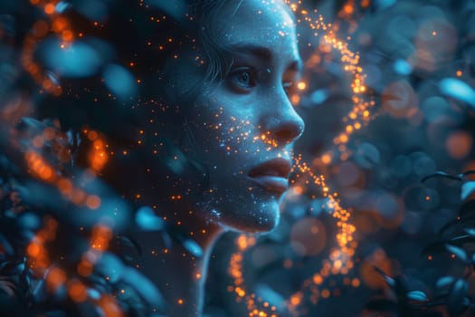 Close-up of the girl's face and the neural network. Women's Mental Health and Meditation.