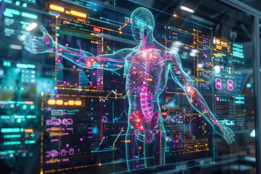 The skeletal structure of the Human body stands in front of a digital display, examining the contents on the screen