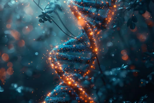 A DNA spiral on an abstract dark background. Biohacking. 3d illustration.