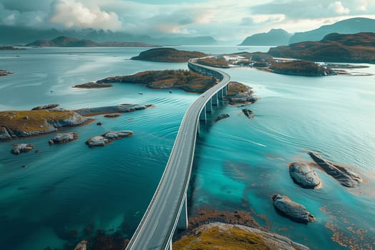 A birds eye view of a bridge crossing over a body of water, connecting two land masses.