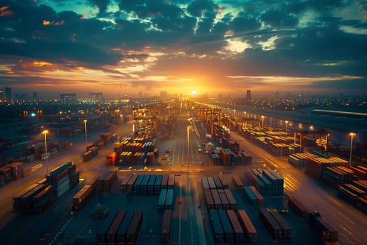 Aerial view of a busy container yard with stacks of colorful containers at sunset, with trucks moving around for logistics operations.