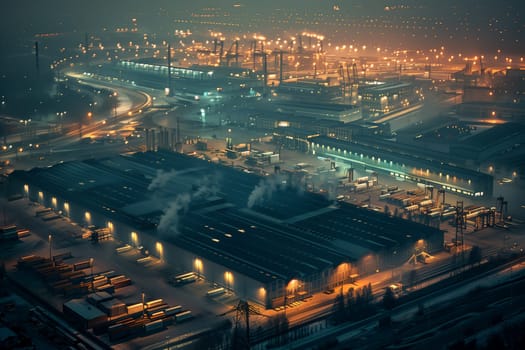 Aerial perspective of a factory illuminated at night, showcasing the industrial structures and machinery in operation.