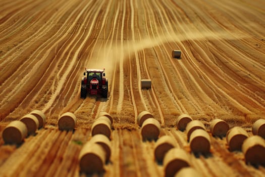 A tractor is driving through a field of hay, kicking up dust as it moves along the rows of harvested crops.