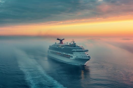 A cruise ship is seen sailing in the ocean during a vibrant sunset, with the colorful sky reflecting on the water.