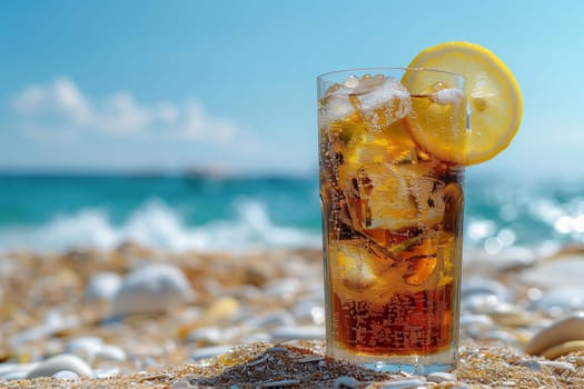 A glass containing ice cubes with a refreshing lemon slice placed on top, ready to be enjoyed.