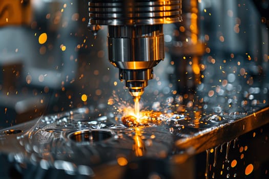 A machine cutting a piece of metal in a factory with sparks flying as it slices through the material.