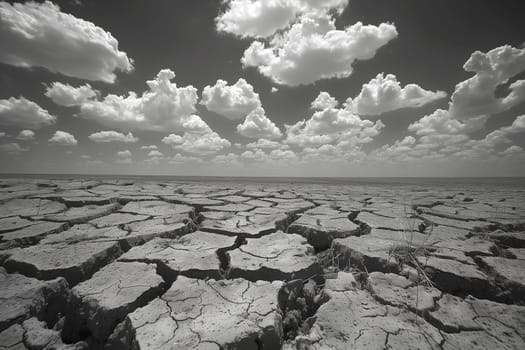 A black and white depiction of a barren landscape with large cracks on the dry earth, symbolizing drought and environmental degradation.