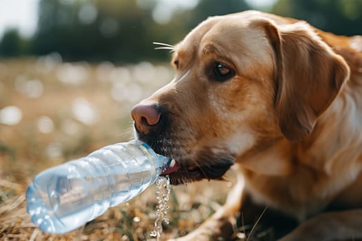 A dog is lying down in the grass, holding a water bottle in its mouth.