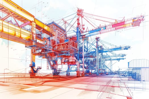 A detailed drawing of a bustling construction site featuring a towering crane surrounded by workers and heavy machinery.