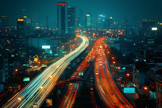 A city street jam-packed with vehicles at night, creating a chaotic and dynamic scene.