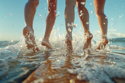 Three friends enjoy the beach, splashing water as they walk along a wooden pier on a sunny day.