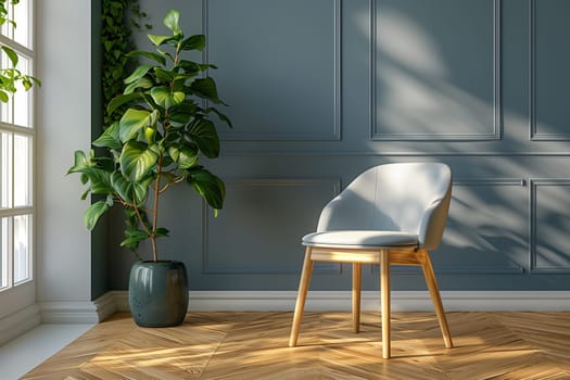 A chair and a potted plant placed in a room with minimalistic decor.