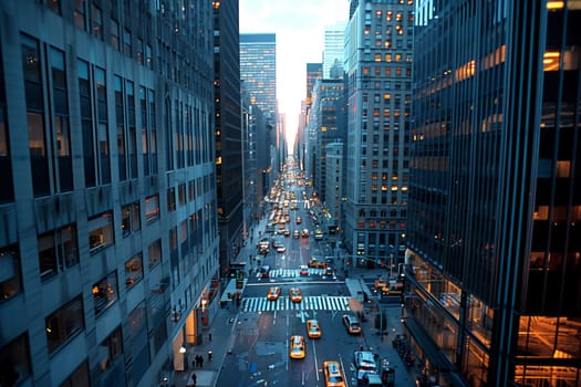 A busy city street filled with heavy traffic flows next to tall skyscrapers, showcasing the urban hustle and bustle.