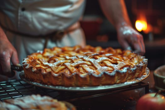A person is using a knife to cut a pie into slices on a plate.
