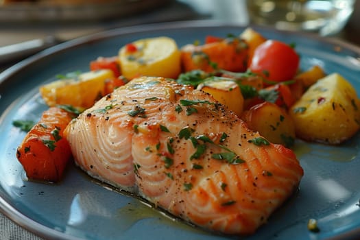 A blue plate is shown, with grilled salmon and assorted vegetables neatly arranged on top.