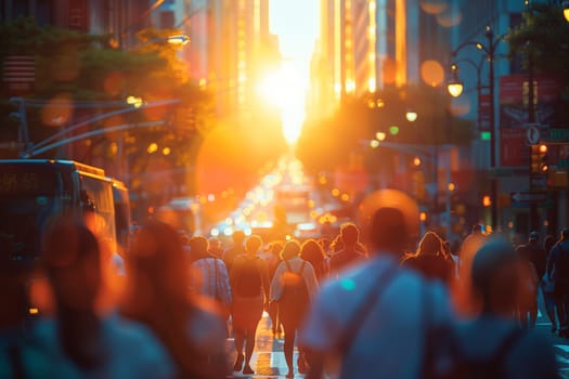 A group of diverse individuals walking together down a busy street as the sun sets, creating a vibrant scene of urban activity.