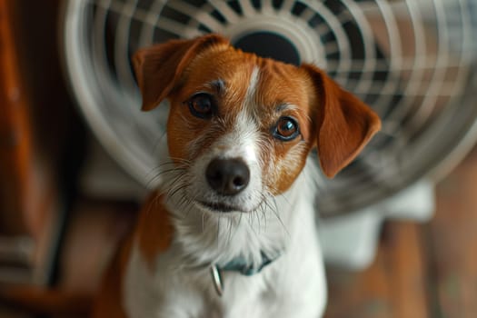 A small brown and white dog sits next to a fan, seeking relief from the heat. The dog looks comfortable and content as it enjoys the cool breeze.