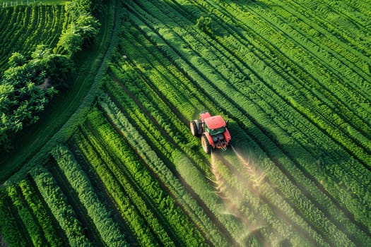 A red tractor is seen working in a vast green field, tilling the soil. The aerial perspective captures the agricultural activity taking place.