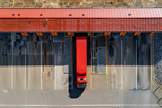 A red semi-truck drives through a toll booth, viewed from above on a clear, sunny day, highlighting the vehicle and infrastructure.