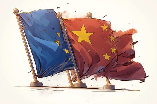 Two flags representing the European Union and China are blowing strongly in the wind on a clear day.