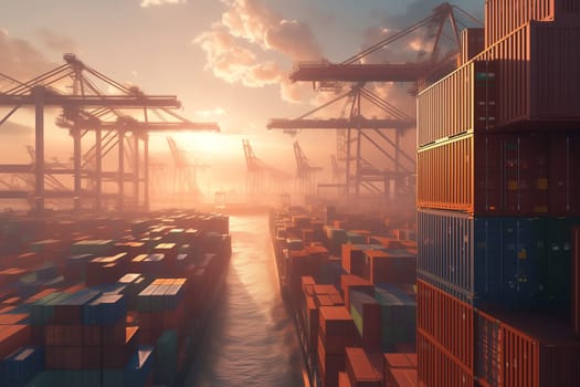 A large number of containers stacked in a harbor, showcasing the bustling industrial activity of shipping and logistics.