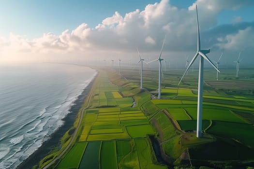 An aerial perspective of multiple wind turbines generating clean energy near the ocean.