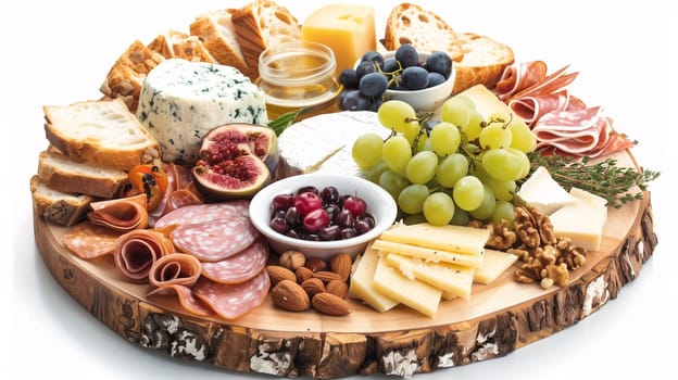A platter featuring a variety of cheeses, meats, and fruits arranged neatly for a delicious spread.
