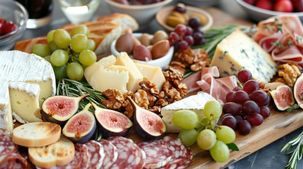 A platter showcasing an assortment of cheeses, meats, and fruits, providing a visually appealing display of delicious and complementary flavors.