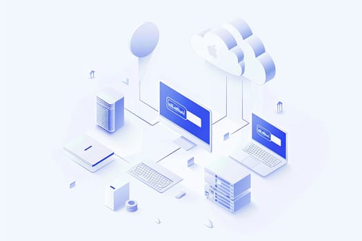 A computer and a laptop are connected to a network. Isometric icon of technology equipment in white and blue colors. Creative banner for computer services and tech repair.