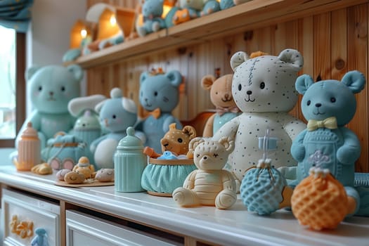 Several teddy bears sitting neatly in rows on top of a wooden dresser in a room.