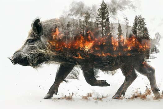 A wild boar walks, with forest fire imagery incorporated into its body, illustrating the devastating impact of wildfires on animal habitats.