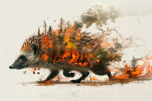 A wild hedgehog is traversing a forest engulfed in flames and thick smoke, illustrating the danger animals face during wildfires.