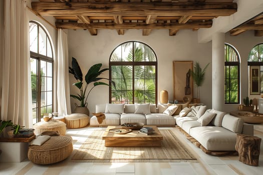 A spacious living room featuring an abundance of white furniture, including sofas, chairs, and tables, creating a bright and clean aesthetic.