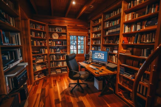 A functional home office with a desk and bookshelves neatly arranged in a room.