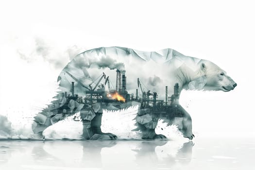 A polar bear standing in front of a factory with smokestacks emitting pollutants into the air.