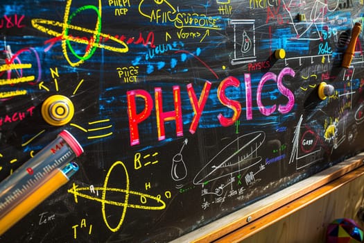 A colorful chalkboard filled with physics equations, formulas, and drawings in a classroom setting during the daytime.
