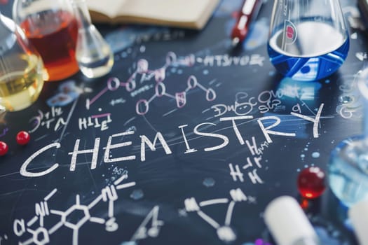 A table in a chemistry lab displaying glassware, molecular structures, and chemistry equations written on a chalkboard.