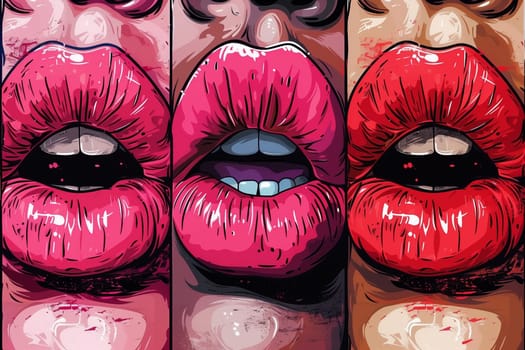 A series of four vibrant images showcasing female lips in various colors and shades.