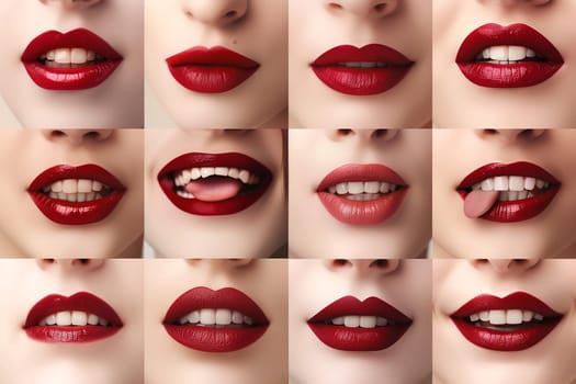 A collage showcasing various close-up shots of womans lips with different colors, shapes, and expressions.